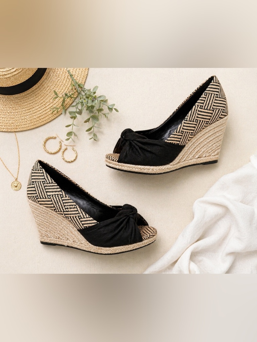 Kelly & Katie Black Espadrille Wedge Heels Bow Raffia Platform SZ 7